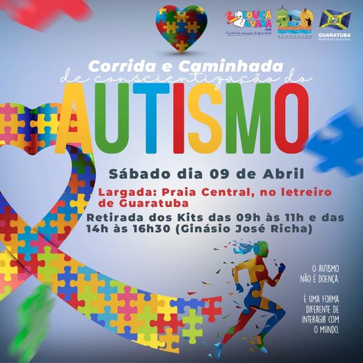 Chamada para o evento “Corrida e Caminhada de Conscientização do Autismo”, na Praia Central!